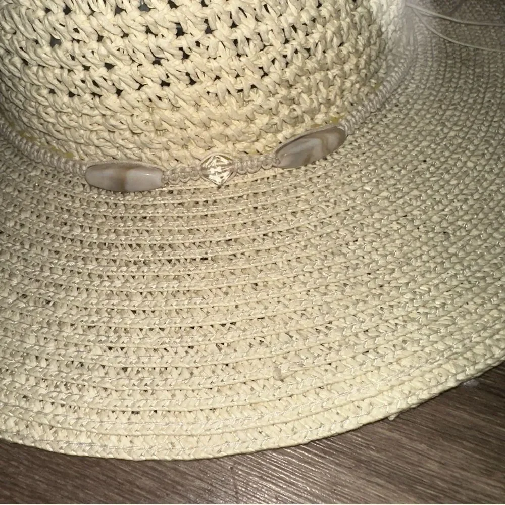 WET Coastal Headwear Wide Brim Straw Sun Hat with Bead Accents  handmade sz M
